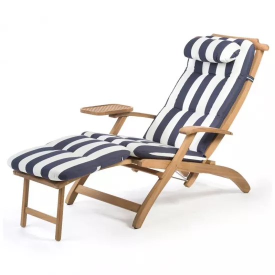 Teak Folding Sun Lounger Navy/Wit Deluxe
